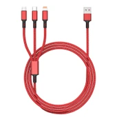 3'ü 1 Arada Çoklu Şarj Kablosu - 1.2m Örgülü - Piyano Siyahı - 2.4A - 6