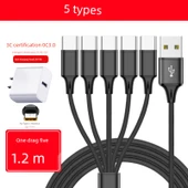 3A Hızlı Şarj Başlıklı 5'i 1 Arada Çoklu Şarj Kablosu - Siyah Balık İpeği 1.2m [5 Type-C] - 1