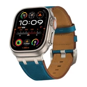 Crazy Horse Deri Apple Watch Kordonu 46mm (iWatch 10) 2024 Yeni - Koyu Mavi Kordon - Titanyum Toka thumbnail 1