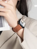 Apple Watch 1-9/SE 45/44/42mm için Litchi Desenli Deri Kordon - Koyu Kahverengi (Model 1) - 5