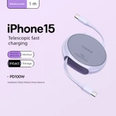 100W Teleskopik USB-C - Type-C Data Kablosu - 1 Metre Mor - Manyetik Saklama - 1