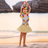 Yetişkin Çocuk Hawaii Parti Seti - 40 Cm Naturel Etek + Çiçek Aksesuarlar (5 Parça) - 4