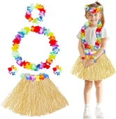 Yetişkin Çocuk Hawaii Parti Seti - 40 Cm Naturel Etek + Çiçek Aksesuarlar (5 Parça) - 1