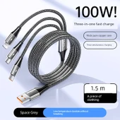 100W 6A USB Şarj Kablosu 3'ü 1 Arada - 1.5 Metre - Uzay Grisi - Tekli Paket - 1