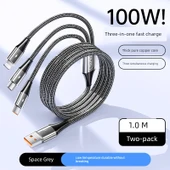 100W 6A USB Şarj Kablosu 3'ü 1 Arada - 1 Metre - Uzay Grisi - 2'li Paket - 1