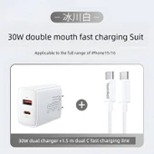 30W USB C Çift Port Hızlı Şarj Aleti - iPhone 15/16 Seti - Buzul Beyazı + 1.5m Type-C Kablolu - 1