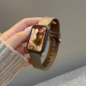 Xiaomi Bileklik 9 Pro Uyumlu Deri Kayış ve Ekran Koruyucu Film - Yanık Kahverengi - 1