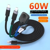 3'ü 1 Arada PD27W 60W Manyetik Kablosuz Şarj Aleti 1.2m - Siyah - Apple için - 1