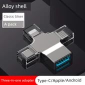 3'ü 1 Arada OTG Adaptör - Gümüş Alüminyum Alaşım - Apple/Type-C/Android - 1