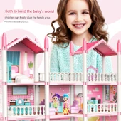 3D Kız Çocuk Oyun Evi - Pembe - 5 Oda 2 Teraslı - 2. Kat, 1 Işıklı ve 2 Bebekli - 5