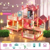 3D Kız Çocuk Oyun Evi - Pembe - 5 Oda 2 Teraslı - 2. Kat, 1 Işıklı ve 2 Bebekli - 1