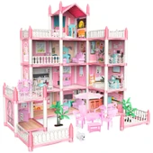 3D Kız Çocuk Oyun Evi - Pembe - 5 Oda 2 Teraslı - 2. Kat, 1 Işıklı ve 2 Bebekli - 6