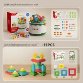Montessori Mantar Çivi Yapboz - Çiçek Tarzı Mantar Çivi ve Piramit Bloklar (15 Parça) - 1