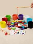 Montessori Ahşap Balık Tutma Oyunu - Mıknatıslı Balık Renk Ayırma Seti + Besleme Oyunu - 2