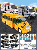 Oyuncak Araba Seti - Ambulans, Polis ve Okul Otobüsü - 6 Metal Araba, 6 Bebek, Yol Bariyeri ve Harita - 1