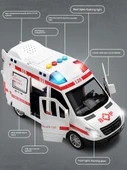 Oyuncak Araba Seti - Ambulans, Polis ve Okul Otobüsü - 6 Metal Araba, 6 Bebek, Yol Bariyeri ve Harita - 5