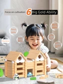 Ahşap Mortise ve Zıvana Yapı Blokları - Gelişmiş 204 Parça, Panda, Fil, Bitki ve Araba Figürlü, Saklama Kutulu - 5