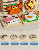 Montessori Ahşap Puzzle - 8 Parça Hayvanlar (Kaplan, Panda, Fil, Tavuk, Kaplumbağa, Arı, İnek, Maymun) - 8