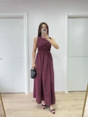 Kolsuz Göğüs Lastıklı Uzun Elbise - Bordo - 3