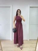 Kolsuz Göğüs Lastıklı Uzun Elbise - Bordo - 4