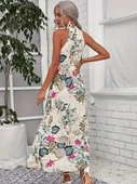 Kadın Omuzlardan Açık Halter Yakalı Yırtmaçlı çiçek Desenli Süprem Elbise - 3