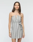 Kuşaklı çizgili mini keten elbise thumbnail 1