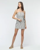 Kuşaklı çizgili mini keten elbise thumbnail 4