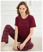 Mihra Kadın Bisiklet Yaka MİLAN Likralı Kısa Kol Pijama Takımı 50107BB - 1 Adet  Bordo S - M - 1