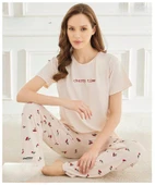 Mihra Kadın Bisiklet Yaka MİLAN Likralı Kısa Kol Pijama Takımı 50107Ekru - 1 Adet  L Ekru thumbnail 1