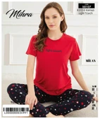 Mihra Kadın Bisiklet Yaka MİLAN Likralı Kısa Kol Pijama Takımı 50107Kırmızı - 1 Adet  XL Kırmızı - 2