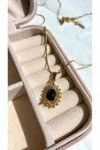LUXSTONE  Mor Taşlı Simli Vintage Gold Çelik Kolye - 2