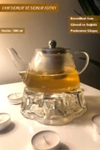 2’li Set Cam Demlik ve Cam Isıtıcı Süzgeçli Demlik 500 ml Bitki Çayı Demliği Borasilikat - 1
