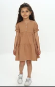 Kız Çocuk Relax Fit Bisiklet Yaka Kısa Kollu Kat Kat Elbise - Düğmeli thumbnail 2