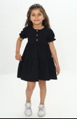 Kız Çocuk Relax Fit Bisiklet Yaka Kısa Kollu Kat Kat Elbise - Düğmeli thumbnail 9