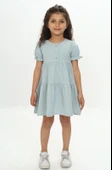 Kız Çocuk Relax Fit Bisiklet Yaka Kısa Kollu Kat Kat Elbise - Düğmeli thumbnail 11