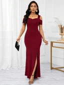 Kadın omuzlardan açık askılı yırtmaç detaylı uzun krep abiye - 6