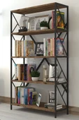 Morpanya Dekoratif 5 Raflı Kitaplık Geniş Metal Kitaplık Dosya Kitap Rafı Ofis Salon Raf 90x180cm Siyah Ceviz - 1