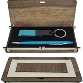 Mavi Kalem ve Anahtarlık Ahşap Kutulu Set - 1