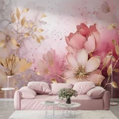 Soft Pembe Çiçek Desenli Duvar Kağıdı Baskı - 1