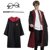 Harry Potter Gryffindor Kapişonlu Çocuk Kostüm + Asa + Gözlük Seti 5-6 Yaş - 1