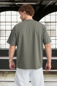 İki İplik Kumaş Pamuklu Bisiklet Yaka Basic Oversize Erkek T-Shirt - Avcı Yeşili - 8