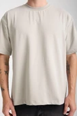 İki İplik Kumaş Pamuklu Bisiklet Yaka Basic Oversize Erkek T-Shirt - Mineral Gri - 2