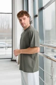 İki İplik Kumaş Pamuklu Bisiklet Yaka Basic Oversize Erkek T-Shirt - Avcı Yeşili - 7
