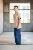 İki İplik Kumaş Pamuklu Bisiklet Yaka Basic Oversize Erkek T-Shirt - Kum Beji - 3