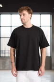 İki İplik Kumaş Pamuklu Bisiklet Yaka Basic Oversize Erkek T-Shirt - Siyah - 8