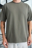 İki İplik Kumaş Pamuklu Bisiklet Yaka Basic Oversize Erkek T-Shirt - Avcı Yeşili - 2