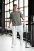 İki İplik Kumaş Pamuklu Bisiklet Yaka Basic Oversize Erkek T-Shirt - Avcı Yeşili - 6