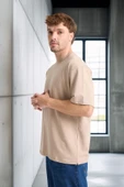 İki İplik Kumaş Pamuklu Bisiklet Yaka Basic Oversize Erkek T-Shirt - Kum Beji - 1