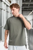 İki İplik Kumaş Pamuklu Bisiklet Yaka Basic Oversize Erkek T-Shirt - Avcı Yeşili - 1