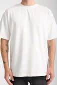 İki İplik Kumaş Pamuklu Bisiklet Yaka Basic Oversize Erkek T-Shirt - Ekru - 2